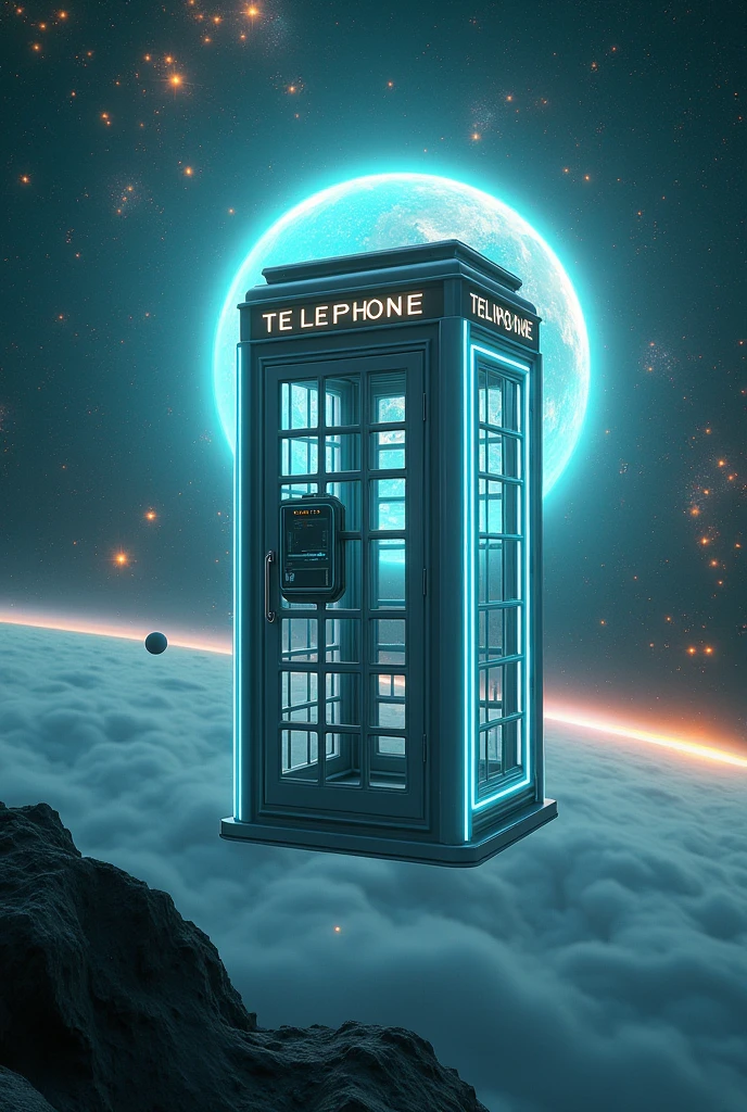 Há uma cabine telefônica flutuando no universe, planetes, Star dust, contrasting colours, yellow, purple, cerulean, poeiras do space, stele, Eye of God, rendered in keyshot, police station, futuristic cabins, cabine no estilo TRON LEGACY, luzes nas cores cerulean e dourada, cabin made of glass, transparent cabins, universe, space sideral, represented as a 3D rendering, 3D rendering beep, space, phone booths, TEDOMA written at the top of the cabin, promotional rendering, sci-fi magic highly detailed.