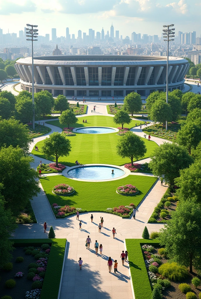 Parks and squares have been created around the stadium., providing recreational areas for all ages. These green spaces also act as urban lungs., improving air quality and reducing the temperature of the area.