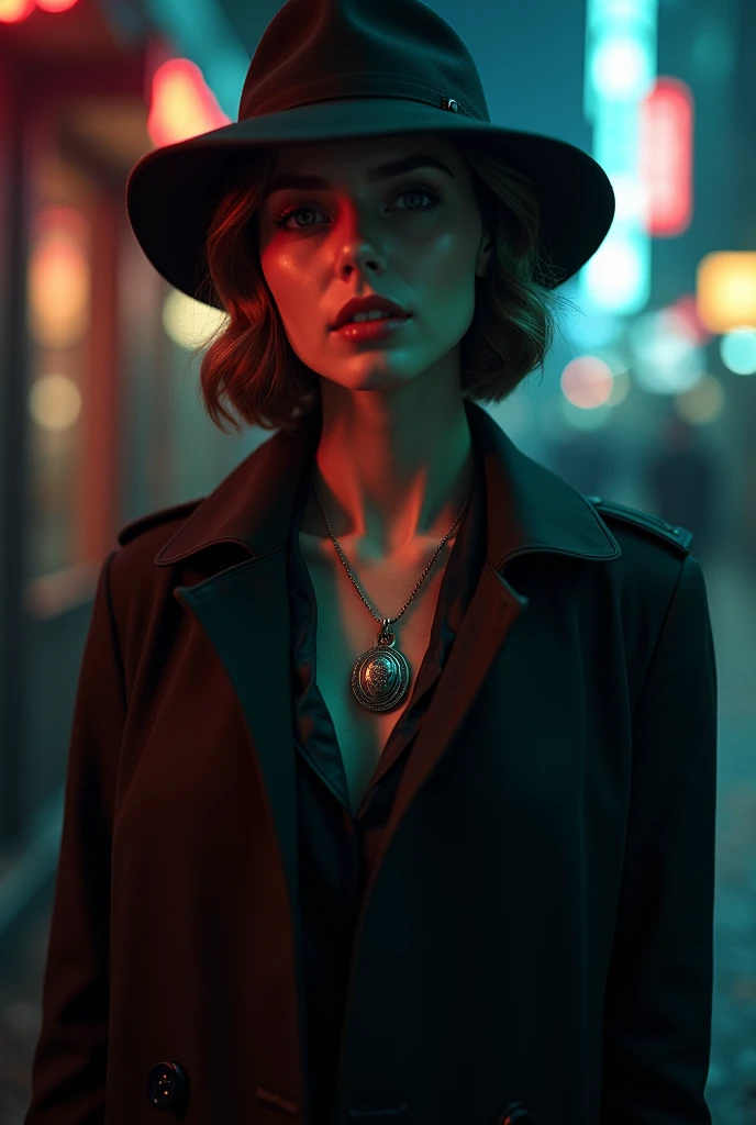1920’s noire female detective with an oval locket necklace 