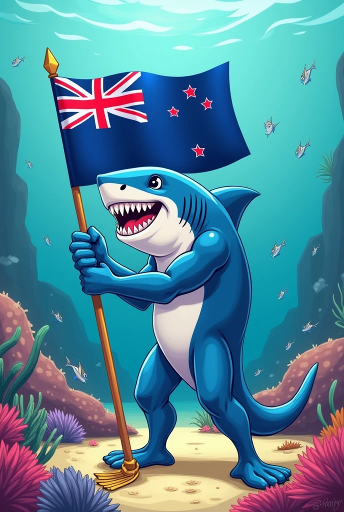Create a shark as the mascot for the Olympics with legs and arms, cleaning the seabed and holding a Cook Islands flag