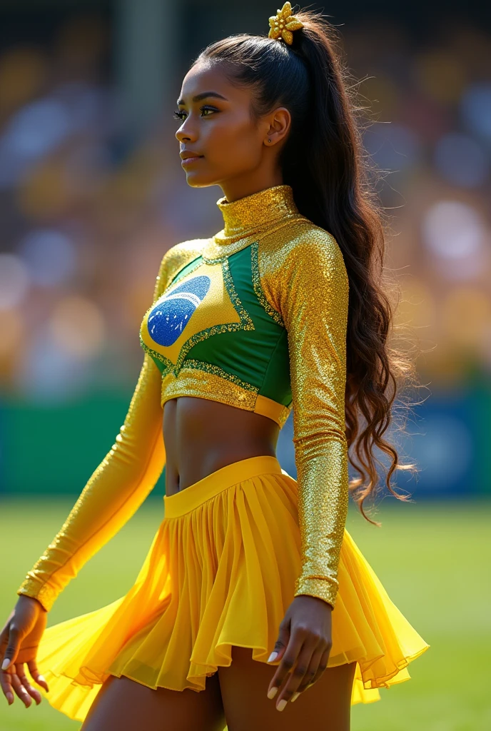 Brazilian cheerleading uniform, if Brazil had cheerleaders, with sparkle and long sleeves for women, with a skirt and a crop top