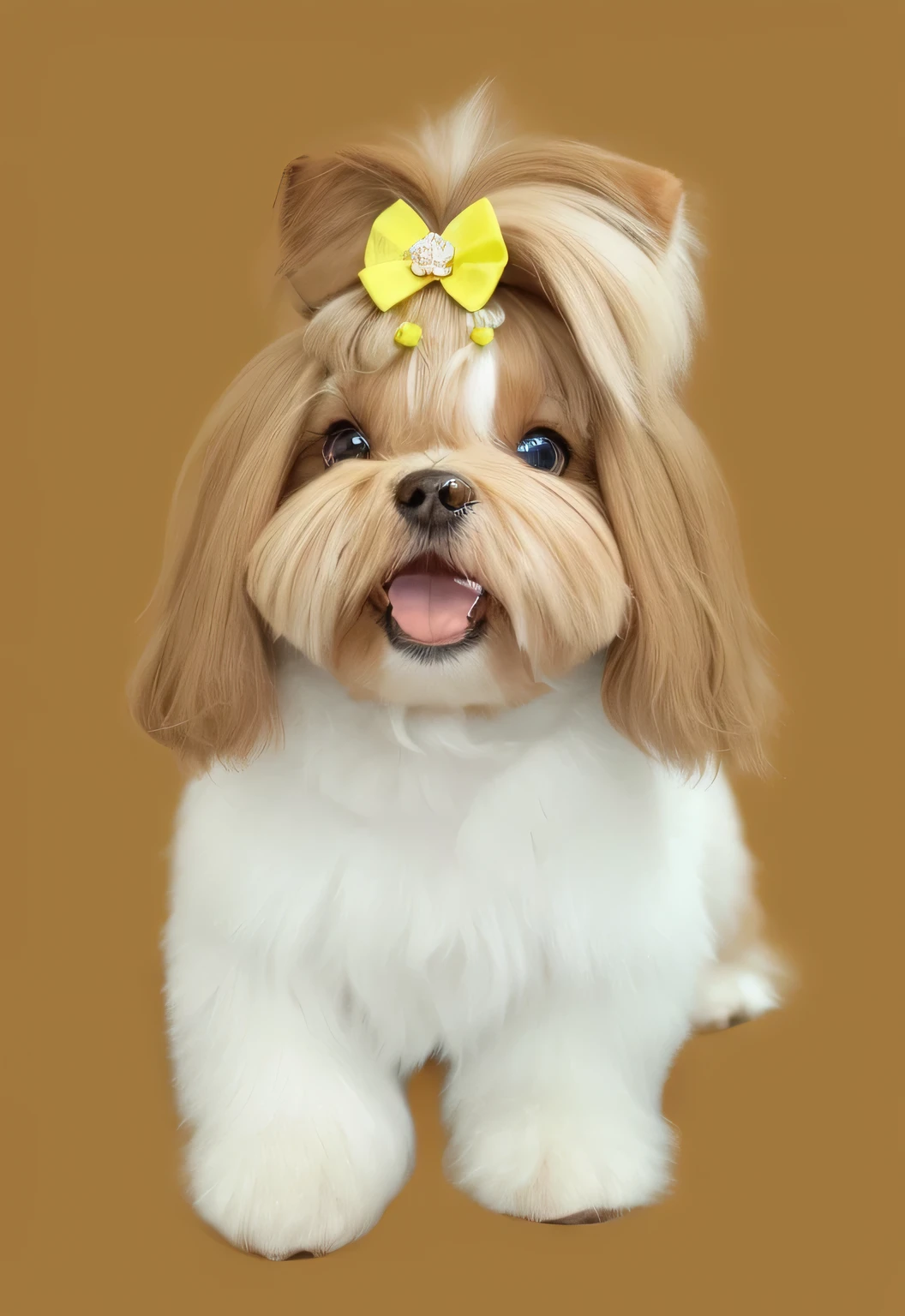 a very cute furry dog, hairs drawn like cartoon, perfectly drawn eyes, eyes like a cartoon drawing, beautiful eyes, perfect eyes, she is very happy, she is smiling, the image is very detailed