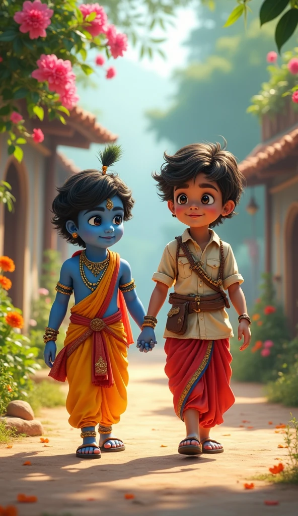 The image captures a moment of a beautiful village in many colorful tree and flowers in background. as two young boys, one lord kid krishna face blue colour, and the other in a Indian kid soldier uniform, walk hand in hand along a street.