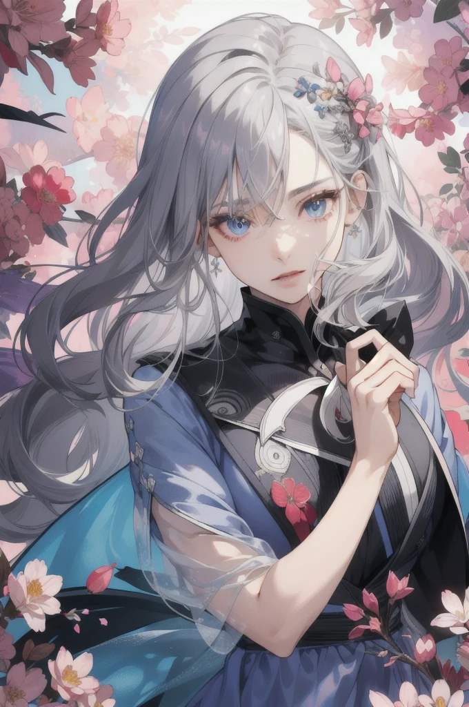 (Absurdities, High accuracy, Very detailed), 1girl, Mature female, Wavy Grey Hair, long hair, Sharp explosions, Blue eyes, pink dress, Finely detailed eyes and detailed face, خلفية CG Unity 8K Very detailed, Complex details, break , Problematic Images, Symmetrical Patterns, Vibrant colours, Geometric shapes, Captivating Designs, Optical Illusion, dynamic composition break , Mime Art, Expressive body language, Silent Storytelling, Intriguing Slogans, Visual Narratives, theatrical performances break , Blooming flowers, Colorful petals, Fragrant scents, Nature's Bounty, Vibrant gardens, Peaceful scene.. A handsome man with black hair and red eyes holds her
