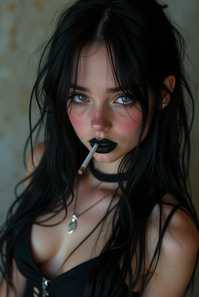 1 female child, no breasts, tiny waist, medium butt, wearing tight sexy dress nipples showing , edgy goth , black hair, long hair, straight hair, exposed forehead, light purple eyes, wearing black boots, multiple ear piercings, crying, black lipstick, luscious eyelashes, long eyelashes, holding cigarette in mouth , horny , sexy , cum on chin