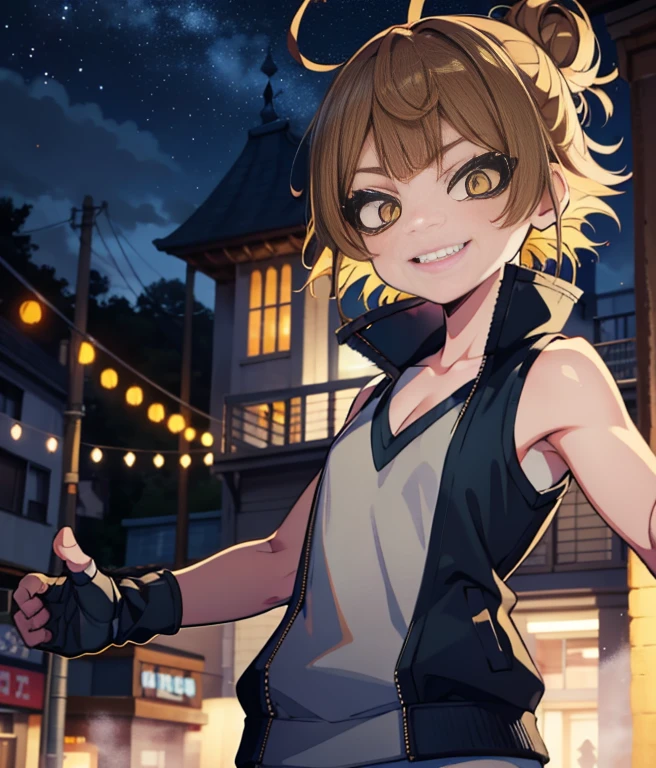 street dancer, short hair, brown hair, yellow glowing eyes, perfect lips,big smile , confident smile,cute expression, cute face, cute pose, fingerless gloves, gun, tank top, jacket, cute pose, ultra detailed face, long eyelashes, sharp eyes , Fullbody shot, dinamic viewer, night sky