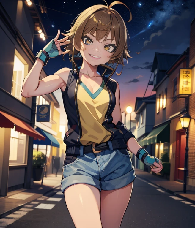 street dancer,  short hair, brown hair, yellow glowing eyes, perfect lips,big smile , confident smile,cute expression, cute face, cute pose, fingerless gloves, gun, tank top, jacket, cute pose, ultra detailed face, long eyelashes, sharp eyes , Fullbody shot, dinamic viewer, night sky 