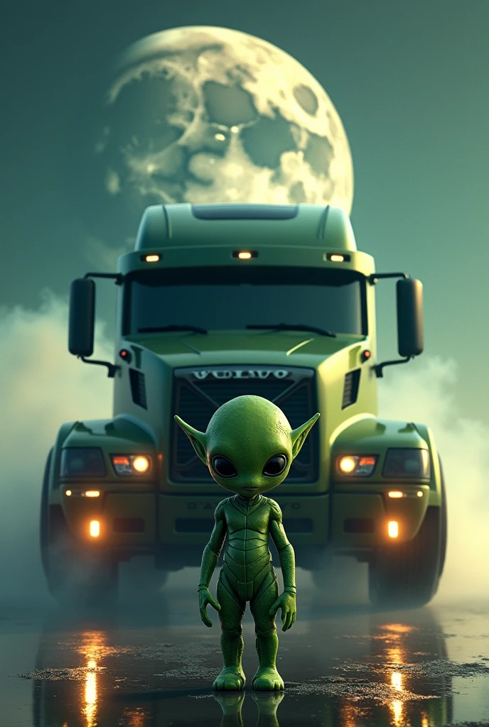a green dwarf alien, Behind him, a truck, the truck is a Volvo 2024, jets of air come out around the truck, around the moon and the planet Jupiter