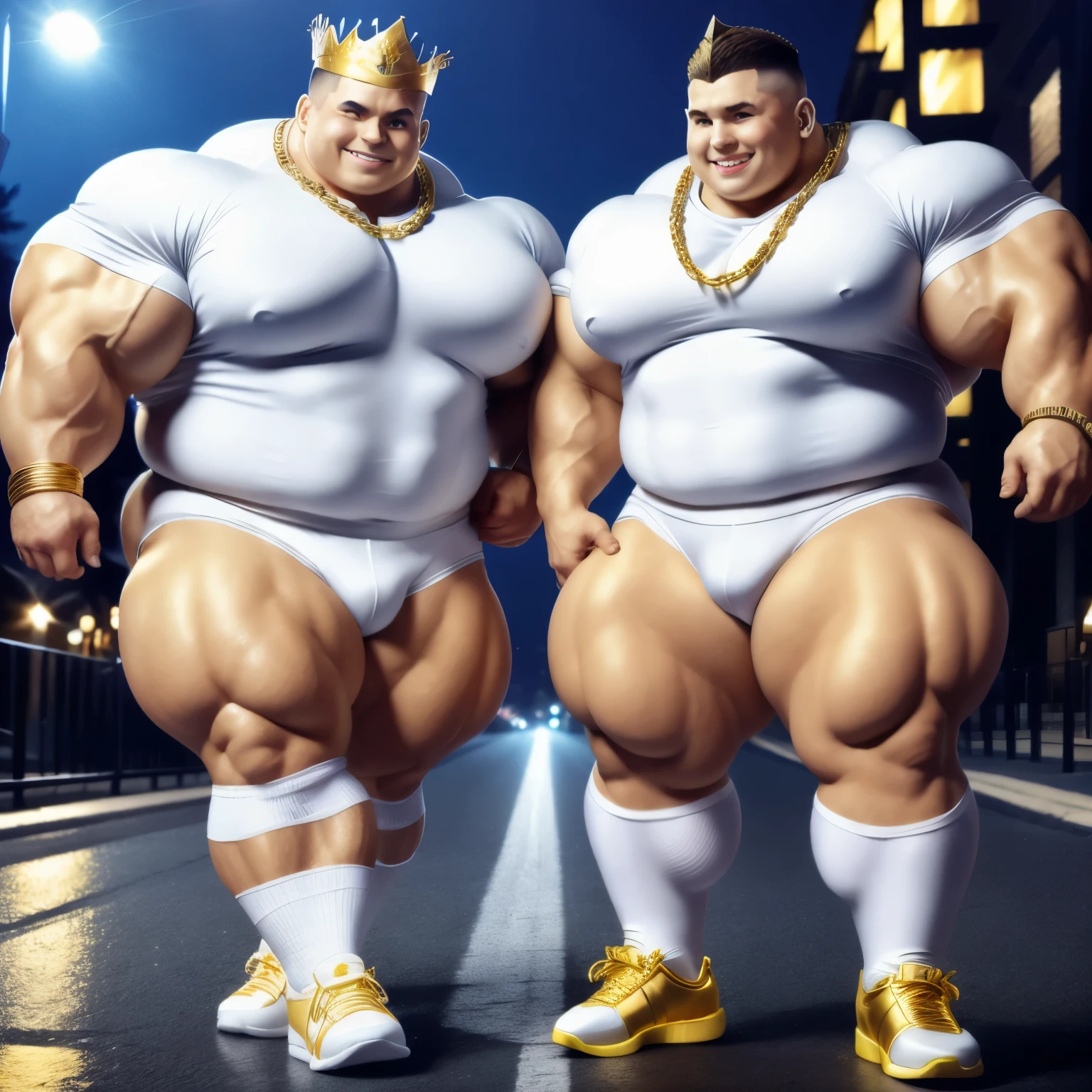 full view, full body, two over-muscular over-bodybuilded white european drunk males with hyper-clean undercut haircuts, wearing white lycra jumpsuits and white lycra socks, hype-fashioned chunky hi-top sneakers and golden glittering crowns, golden rings, bracelets, chains, they are walking stagger forward in deserted street at night, their white lycra socks must be seen