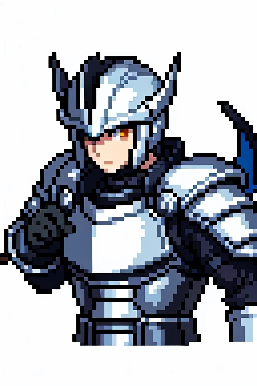 draconian, with white scales, paladin, without helmet, facing the front, looking straight ahead, with a sword in the back, wearing black armor