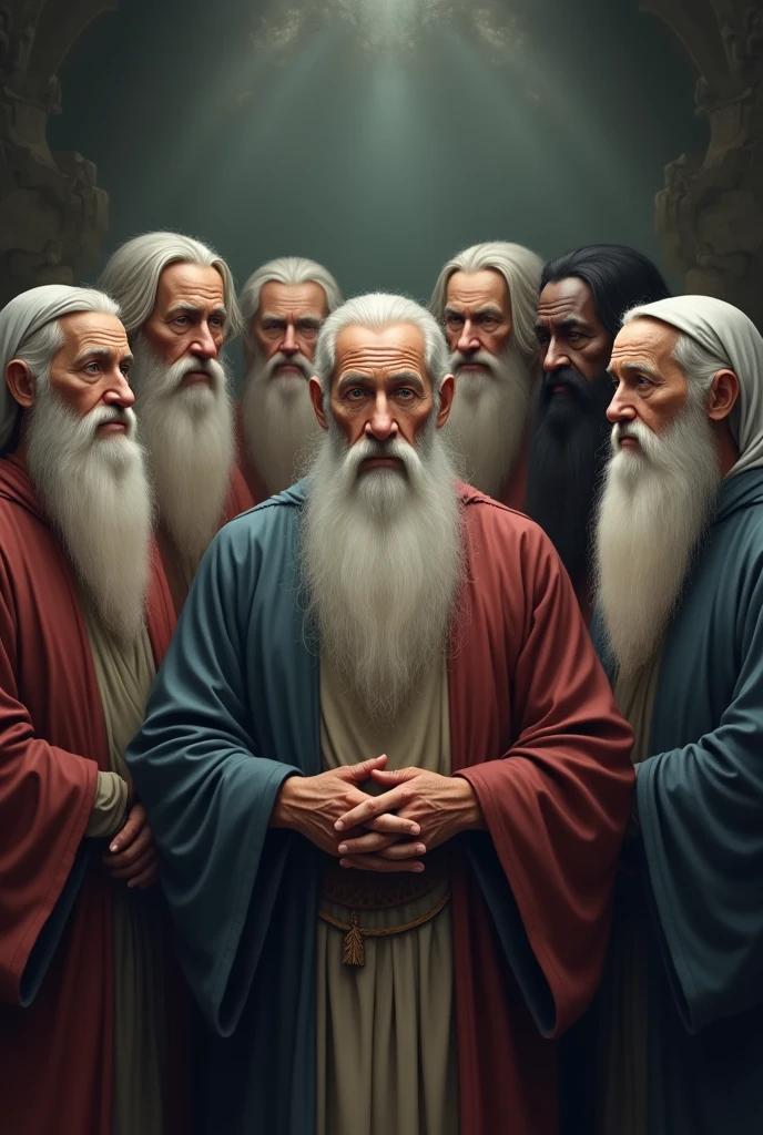 Seven wise elders, representing different ethnicities, are arranged in a harmonious semicircle. Three of these wise men are elderly women, while among men, one is black and the other is Asian. Their serene expressions reflect the deep wisdom acquired throughout their lives. At the center, a man with a mysterious and charming appearance stands out, his long, well-groomed white beard and his face marked by wrinkles that tell stories of vast knowledge. Her clear eyes emanate an almost mystical serenity, as if they were hiding the secrets of the universe. All are dressed in simple robes, mas elegantes, that accentuate its aura of mystery and wisdom. The background is enigmatic, evoking an atmosphere of mystery and depth, suggesting a place where ancestral knowledge is carefully preserved and transmitted.
Remember that there should be seven characters