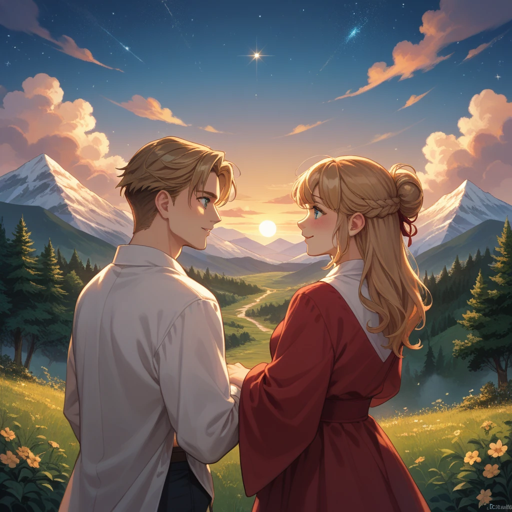 A serene and uplifting scene of a sunrise over majestic mountains. The sky is filled with warm, golden hues, and the first light of dawn reflects in the eyes of a couple standing together, embodying warmth and love that never fades. The scene is tranquil, with a gentle breeze rustling through the trees. The mountains reach towards the sky, symbolizing dreams that soar, while a clear stream flows peacefully, representing the washing away of pain. Stars still faintly visible in the dawn sky hint at an endless night filled with bright hopes. The overall mood is one of , love, and the beauty of nature