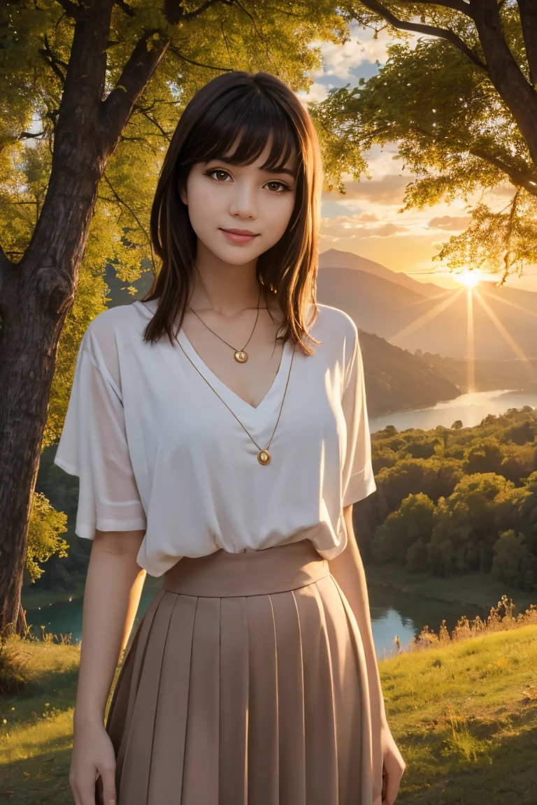 1 girl, happy expression, charming eyes, straight long hair, flowing skirt, big, looking at the sun, calm posture, porcelain-like skin, subtle blush, crystal pendant BREAK Golden Hour, (edge lighting): 1.2, cool colors, sun flare, soft shadows, bright colors, painting effects, fantastic atmosphere BREAK Scenic lakes, distant mountains, pine trees, mountain tops, reflections, sunlit clouds, tranquil atmosphere, idyllic sunrise, Ultra detailed, official art, unified 8k wallpapers, zentangle, mandala