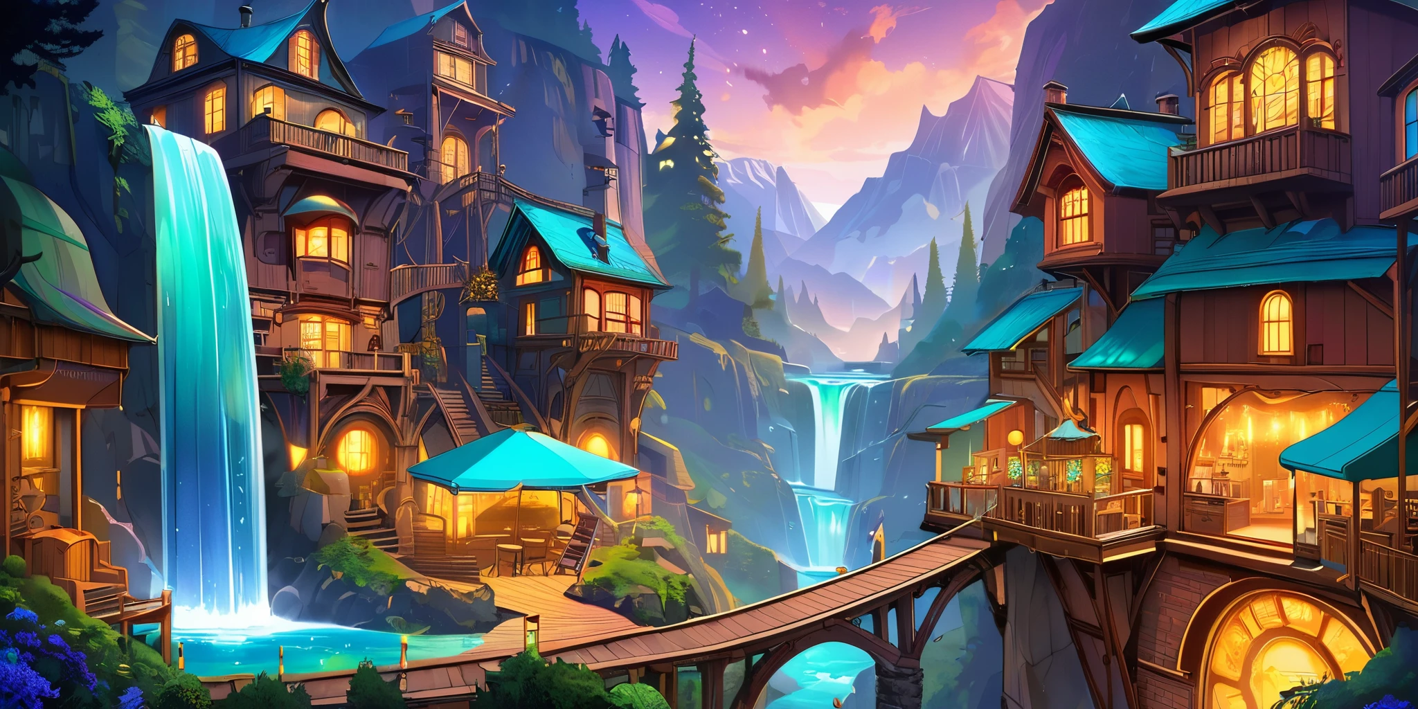 Dessinez une affiche d'anime lofi, village, canyon, Décoration Steampunk, Cascade, Lumière, forêt, une belle palette de couleurs en verre brun, couleurs saturées vibrantes, ouvrages d'art, aucun humain, les jours, thème animé