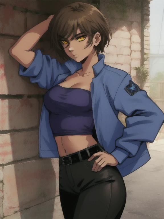 1girl, solo, 26 years old, short hair, brown hair, (yellow eyes:1.5), tan-bronze skin, tan-skinned female, athletic figure, medium breasts BREAK wearing 2000's fashion: opened blue jacket, black strapless top, (midriff), belt, shiny black leather pants BREAK looking at viewer, BREAK indoors, BREAK (masterpiece:1.2), best quality, high resolution, unity 8k wallpaper, (illustration:0.8), (beautiful detailed eyes:1.6), extremely detailed face, perfect lighting, extremely detailed CG, (perfect hands, perfect anatomy),
