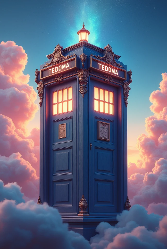 Image generated of a telephone booth with a sky background, Promotional Art BBC, Fantastical telephone booth, fancy, 3840x2160, 3840 x 2160, magic, futurist, Written on top of the booth TEDOMA