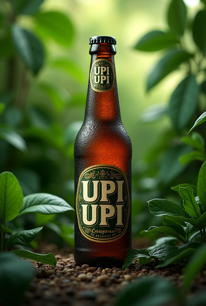 a beer bottle with the logo saying upi upi de guayusa and its background being green leaves 