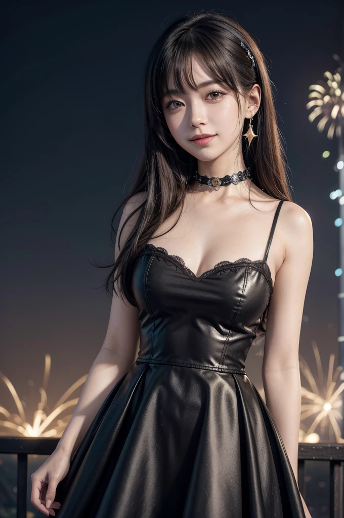 (masterpiece, best quality, highres, ultra-detailed, 8k, 4k), artbook, anime coloring, CG, illustration , fantasy, mksks ,1girl, solo, earring, choker, background is a huge ornate circular pattern, smile, happy looking at viewer, fireworks, stars, night, outdoors, (dutch angle), close up, face focus, upper body, yoimiya (genshin impact)