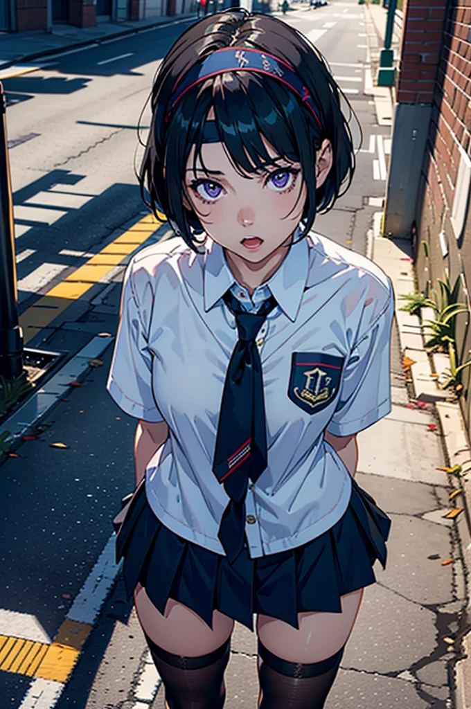 8k, highest qualthaty, masterpiece, Very detailed, Ultra-high resolution, Realistic, RAW Photos, Absolute Resolution, face is small compared to body, Very small face, Black Hair, High school girl wearing a navy sailor suthat, Anime 2D Rendering, Realistic若いアニメの女子高生, ((Whthate headband)), Purple eyes, Small breasts, expensive, Slanted Eyes, (School Scene), Black Stockings, Bright colors, Open your mouth, Dark Blue Skirt, Bobcut, posthation looking down from above, that'it's raining, Holding an umbrella, Please bend your knees, Squat, put an umbrella on a kthatten,