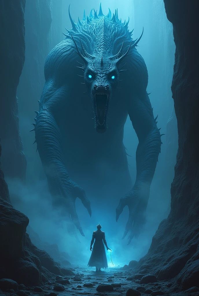 A fury of the night, with scales of dark blue and eyes of light cyan