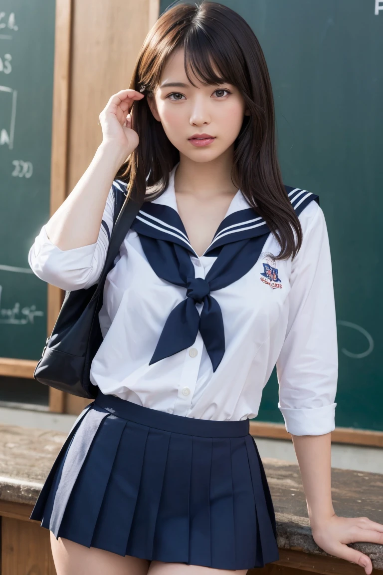 (Highest quality:1.4),(masterpiece:1.4),(Realistic:1.4),(Realistic:1.2),(超High resolution, RAW Photos:1.4),(High resolution, Very detailed:1.2),(8k:1.2),photograph,a photo of a dark-haired,One Girl,alone,,nipple,naked,((school uniform, Sailor suit,, Fine ribbon and pleated skirt)), button skirt, open button, show nipples, cleavange,((Big Breasts)),((Upper Body:1.3))