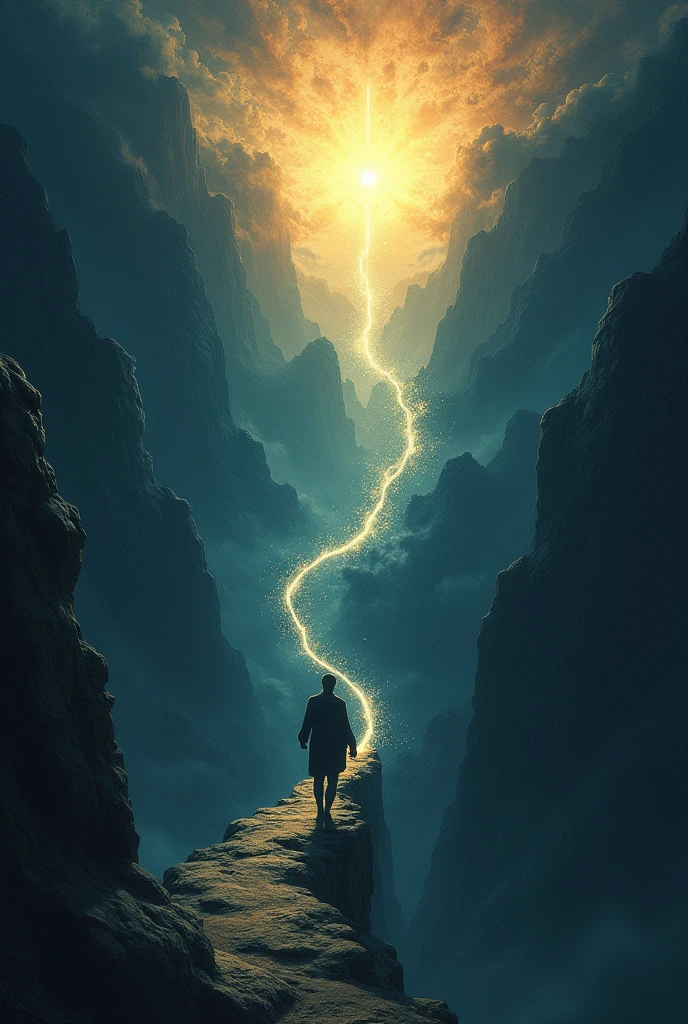 drawing that represents the idea of knowledge as illumination, like a flight towards the light from the darkness 