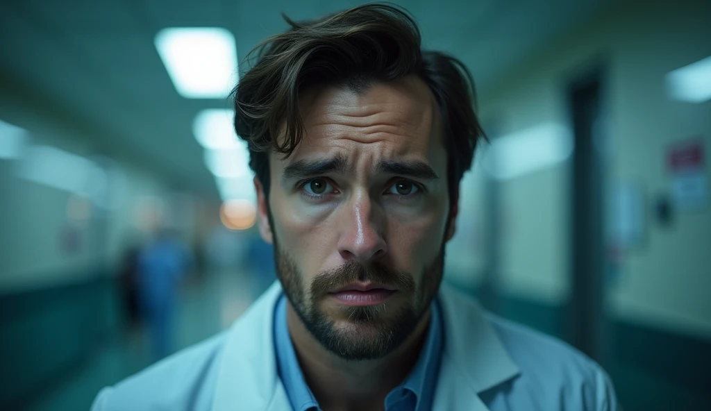 Portrait of a 35-year-old adult man with a youthful appearance, with himself as the main subject. He should have short, slightly wavy dark brown hair and a sparse beard evenly distributed across his face, as well as a serious, worried expression, looking directly at the camera. He is in an indoor environment, suggesting a hospital waiting room, with cool artificial lighting, creating a soft effect that creates diffuse shadows that highlight the texture of the skin and the brightness of the eyes, as well as emphasizing the angular features of the face. He is dressed in normal, non-hospital clothes. The background should be wide and blurred, giving a tone of depth, focusing on the main subject, and should suggest movement of ordinary people and doctors, with points of light in a bokeh effect, suggesting the lights and fixtures of the hospital. The image should convey an introspective feeling, with a touch of mystery and contemplation. The photograph should capture extreme detail, with high-quality rendering in 8k, while maintaining the serene and enigmatic atmosphere. High quality photography, 8k rendering, extreme detail, realistic portrait, introspective atmosphere, soft and diffuse lighting, artificial light.