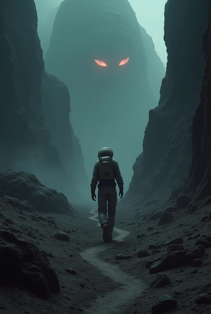 A dark planet with very little lighting, a lonely astronaut, and small red eyes in the darkness