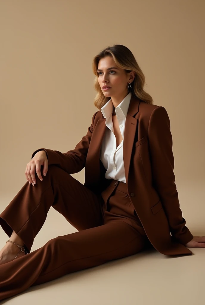 Create a professional fashion photoshoot image featuring a stylish woman sitting on the floor. She is dressed in a modern, tailored brown suit, conveying confidence and elegance. The background is minimalistic with soft, neutral tones that enhance the focus on the model and her outfit. The lighting should be soft yet dramatic, highlighting the texture of the fabric and the overall sophistication of the scene. The pose should be relaxed but with a strong sense of poise, reflecting a contemporary fashion aesthetic.