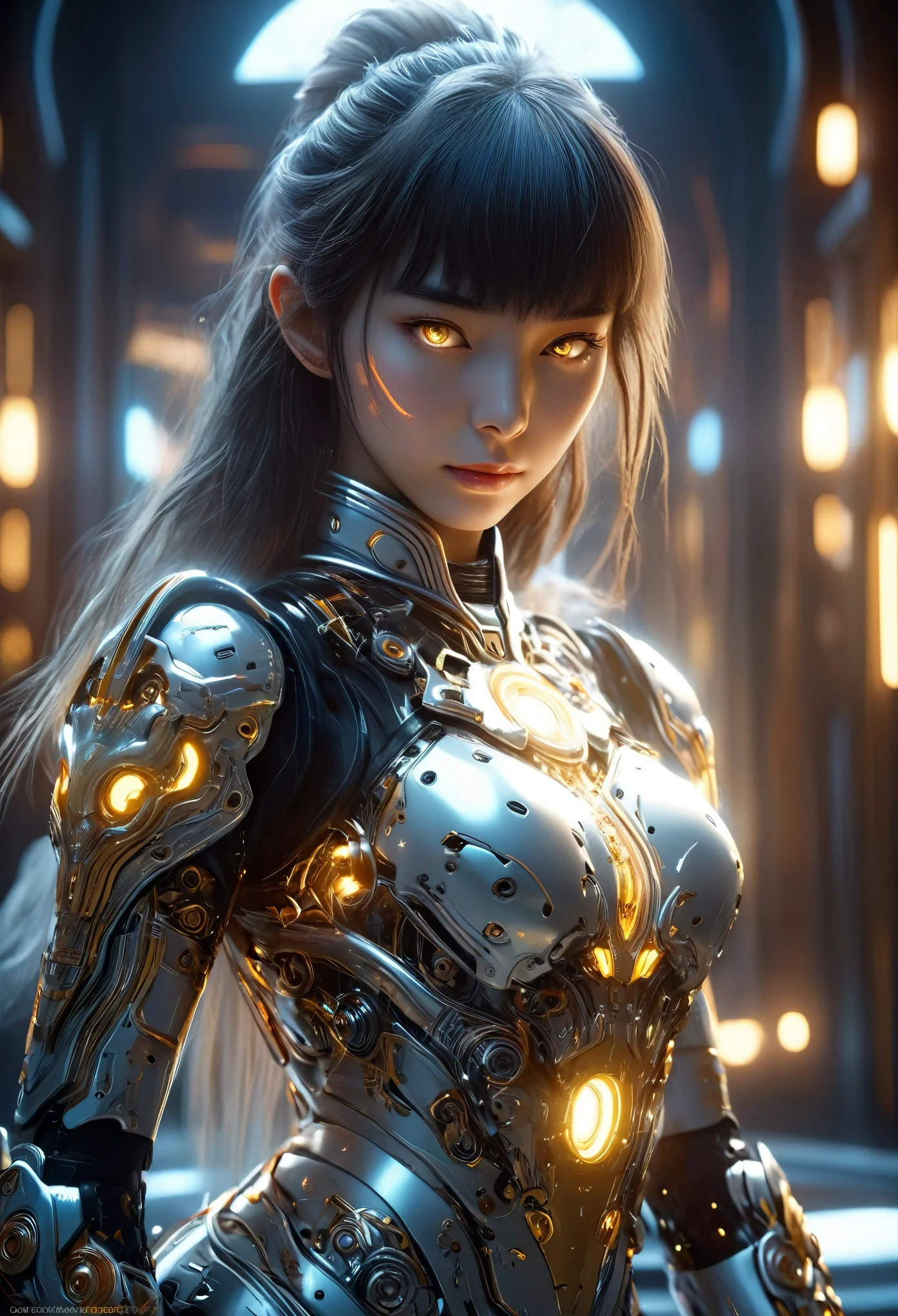 (Best Quality, 4K, 8K, High Resolution, Masterpiece: 1.2), (Super Detailed, Realistic, Photorealistic:1.37), A woman in futuristic clothing, Trending on cgstation, Trending on cgstation, (Portrait of a girl in the Knights of the Zodiac:1.4), blunt bangs, Cute Cyborg Girl, Perfect android girl, Portrait Astronaut Girl, Beautiful girl cyborg, (Girl wearing iridescent mechanical cyber armor:1.3), Game CG, cgsociety and fenghua zhong, Beautiful Cyborg Shrine Maiden, Bioluminescence, (Yua Yaiba:0.5), (Golden eyes:1.5), Anatomically correct grip, (Sharp and long claws:1.4), erotic and sexy, black