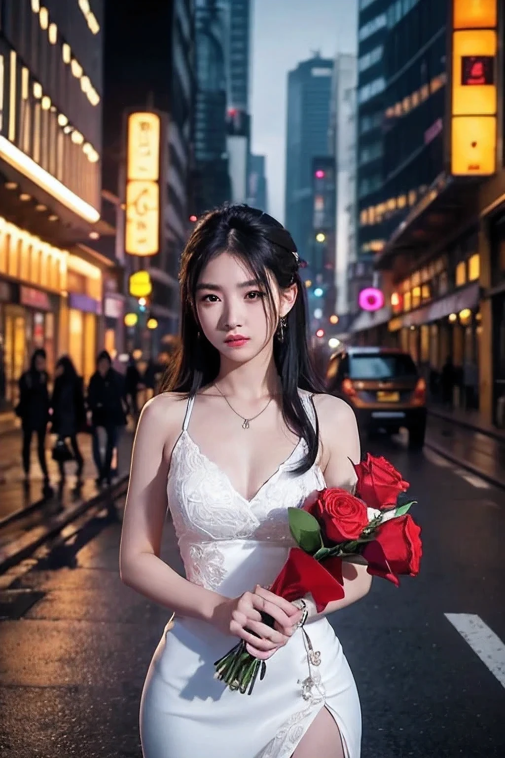 Scene Overview: A beautiful young Thai woman with fair skin and an oval face, aged 20-25, wearing a white sexy dress and holding a red rose
Visual Elements: Streets wet from rain, neon lights reflecting on the pavement
Lighting and Colors: Vibrant yet isolated, blues and purples dominate
Dynamics and Motion: The young woman holding a rose on the road
Focus and Background: Focus on the young woman holding a rose on the road, with city life blurred in the background
Emotion and Atmosphere: A profound sense of the young woman holding a rose amidst the vibrant city. Expressive and poignant scenes with a focus on the young woman and the flower, set against a backdrop of modern technology and urban spaces. The visuals should convey a deep sense of yearning and emotional struggle, with muted colors and dramatic lighting to enhance the mood.