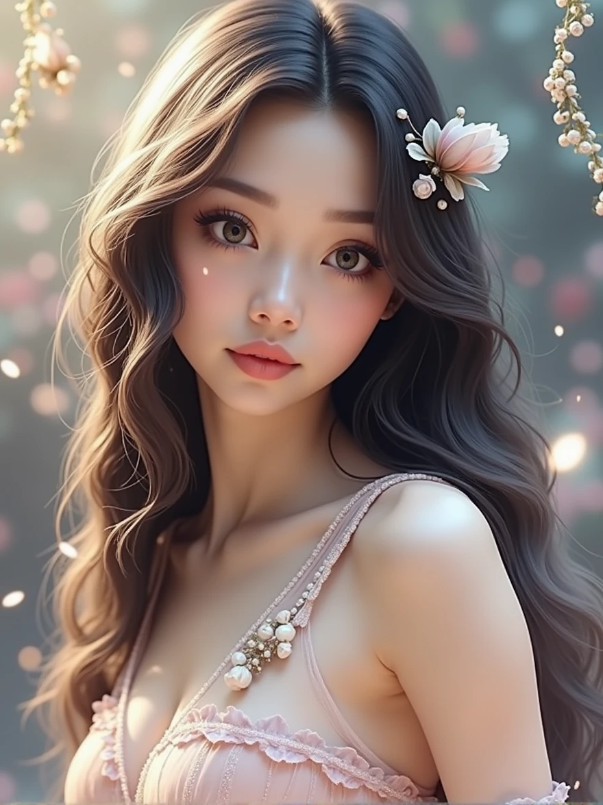 age 20 ,a fairy,  wear  a strapless and a transparent sarong, fantasy background, upper body 