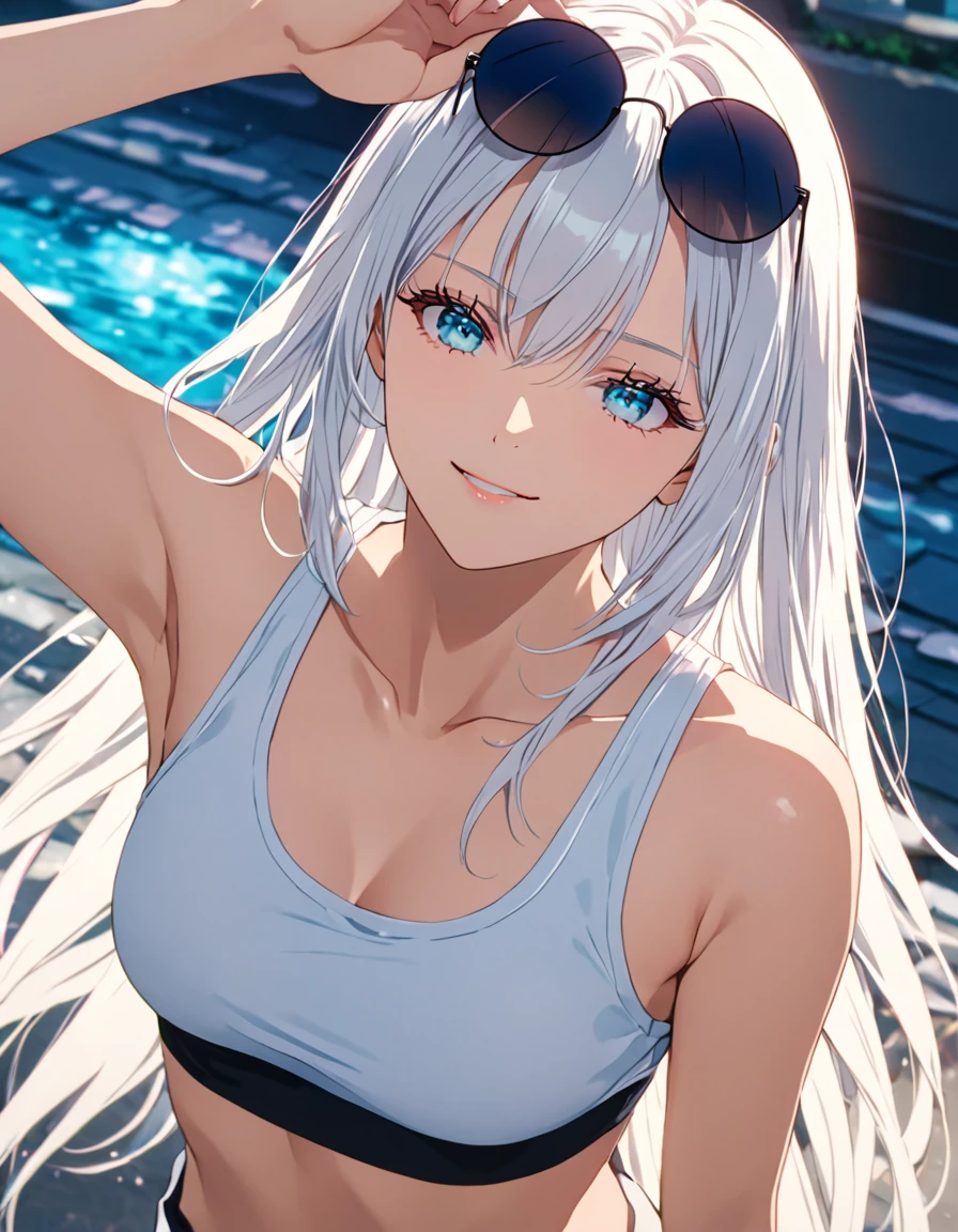 score_9, score_8_up, score_8, best quality,masterpiece,4k,very aesthetic,uncensored,rating_explicit,rating_questionable, anime_source,  gojou satoru, genderswap \(mtf\), very long hair, long white hair, luminous aquamarine blue eyes, depth of field, stunning color, (white eyelashes:1.5), female focus, BREAK, 1girl, mature, looking at the viewer, (eyewear on head, round eyewear), smile, smirking, grinning, white crop top, black jogger pants, perfect composition, BREAK,cinematic lighting and shadow, dynamic pose, expressive, perfect face, perfect body,(masterpiece), (best quality), (ultra-detailed), very aesthetic,very detailed, high detailed texture, 8k, mappa studio screencap, jujutsu kaisen art style