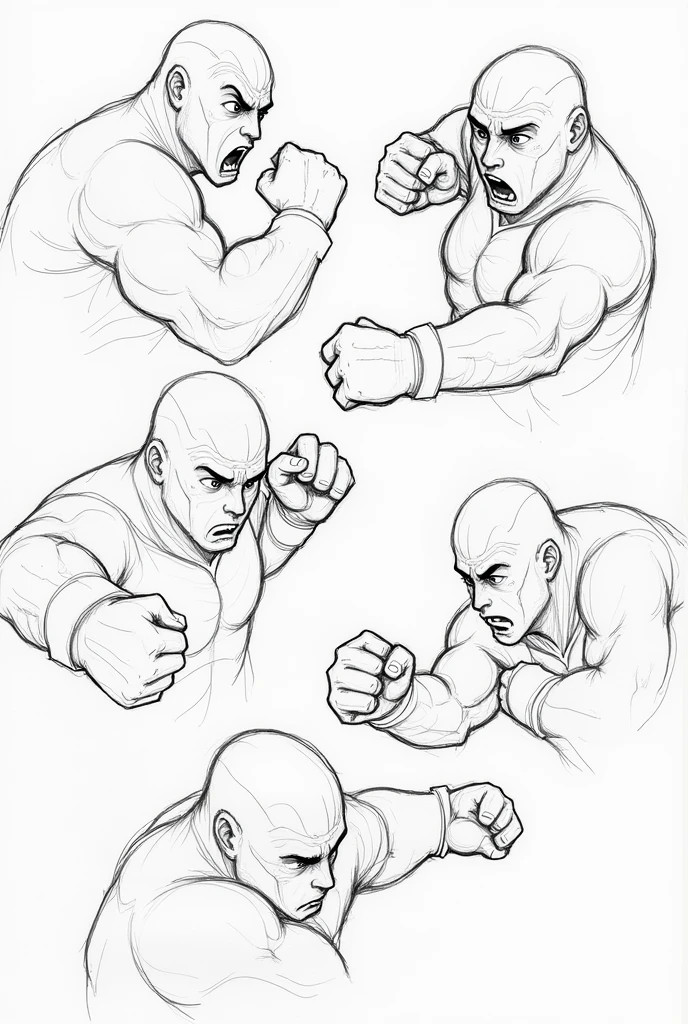 Several incomplete sketches of fighting poses where their most prominent features are their face and hands.