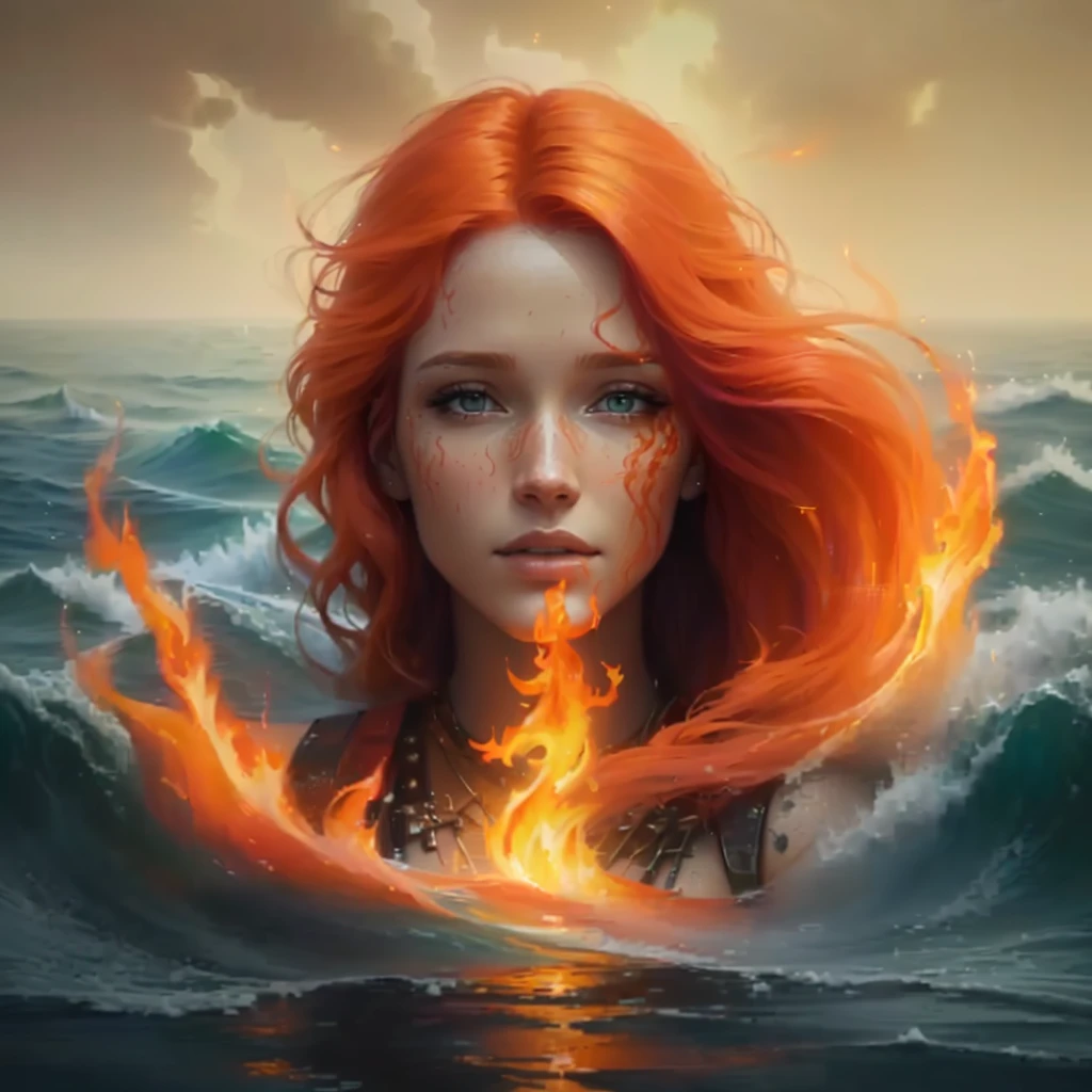 a painting of a woman with red hair and a flame in the water, burning ocean, hyperrealistic fantasy art, graphic artist magali villeneuve, realistic fantasy artwork, goddess of fire, fire and water, realistic fantasy painting, by Alexander Kucharsky, flames surround her, magali villeneuve', amazing art, ocean of canvas catching fire