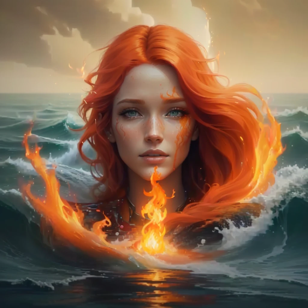 a painting of a woman with red hair and a flame in the water, burning ocean, hyperrealistic fantasy art, graphic artist magali villeneuve, realistic fantasy artwork, goddess of fire, fire and water, realistic fantasy painting, by Alexander Kucharsky, flames surround her, magali villeneuve', amazing art, ocean of canvas catching fire