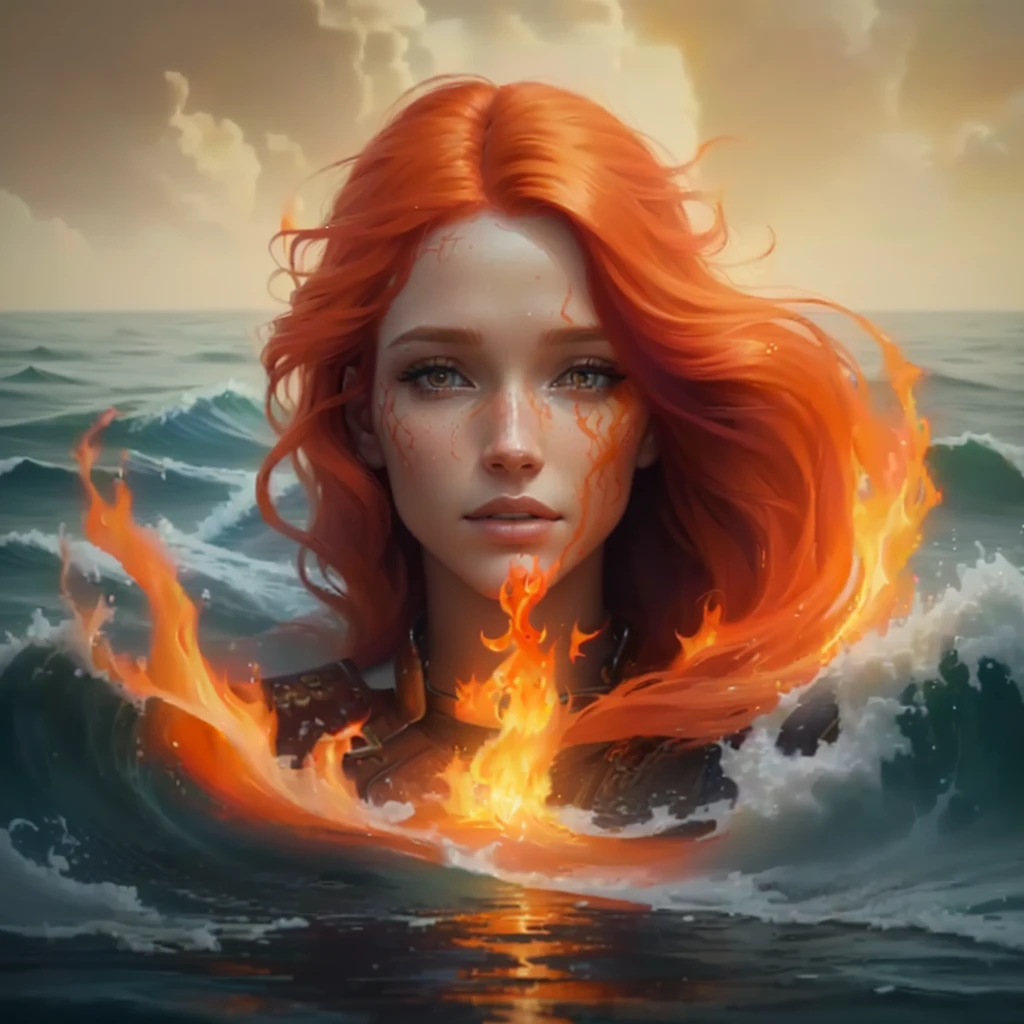 a painting of a woman with red hair and a flame in the water, burning ocean, hyperrealistic fantasy art, graphic artist magali villeneuve, realistic fantasy artwork, goddess of fire, fire and water, realistic fantasy painting, by Alexander Kucharsky, flames surround her, magali villeneuve', amazing art, ocean of canvas catching fire