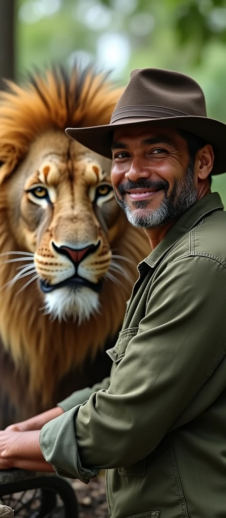 There is a Latin American man inspired by the image who is feeding a lion while posing for a photo, inspired by Ludovit Fulla, Second Life avatar, Tipping your fedora, inspired by Luca Zontini, beautiful stunning realistic, inspired by Maximilian Cercha, cristiano, inspired by Ramon Pichot, inspired by Kristian Kreković, inspired by Adam Dario Keel, relaxed smile on face