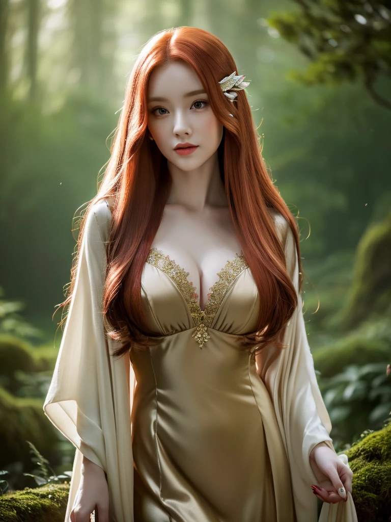 a beautiful redheaded asian girl, long very very very extremely silky hair, elegant elf dress, dense forest, no sunlight, detailed face and eyes, very big tits (best quality,4k,8k,highres,masterpiece:1.2),ultra-detailed,(realistic,photorealistic,photo-realistic:1.37),magical fantasy atmosphere,fantasy,concept art