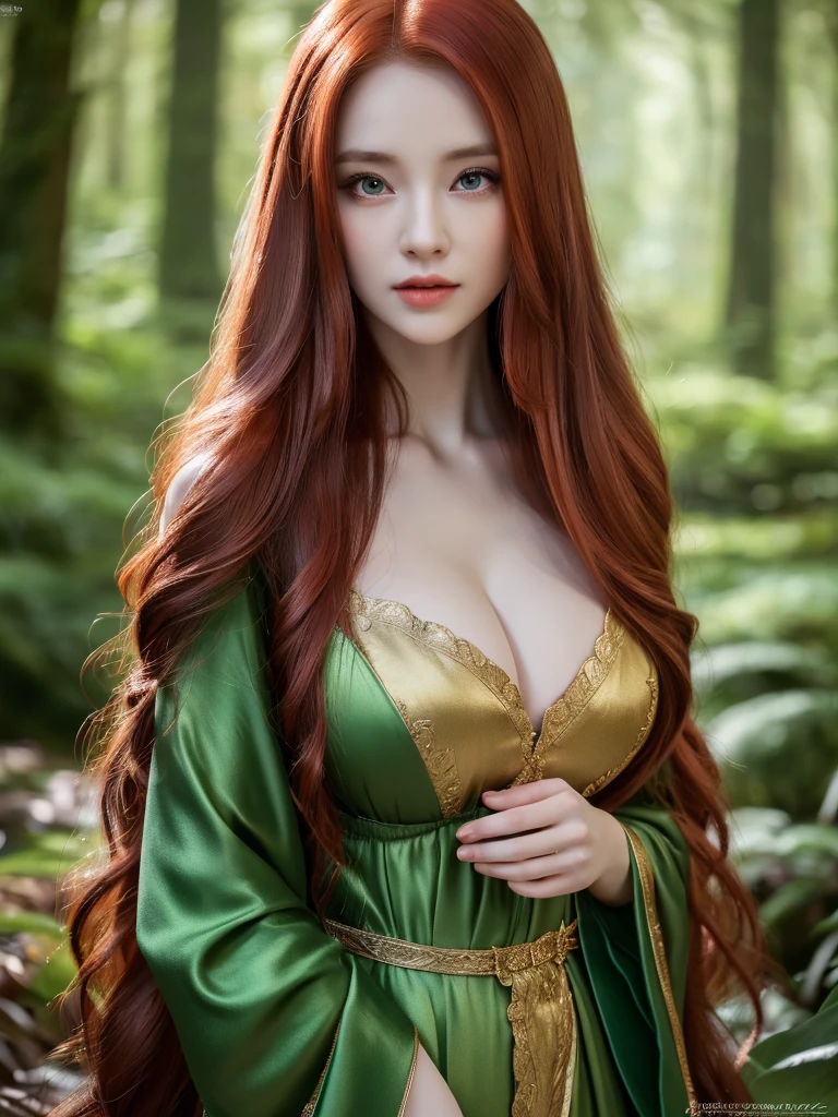 a beautiful redheaded asian girl, long very very very extremely silky hair, elegant elf dress, dense forest, no sunlight, detailed face and eyes, very big tits (best quality,4k,8k,highres,masterpiece:1.2),ultra-detailed,(realistic,photorealistic,photo-realistic:1.37),magical fantasy atmosphere,fantasy,concept art