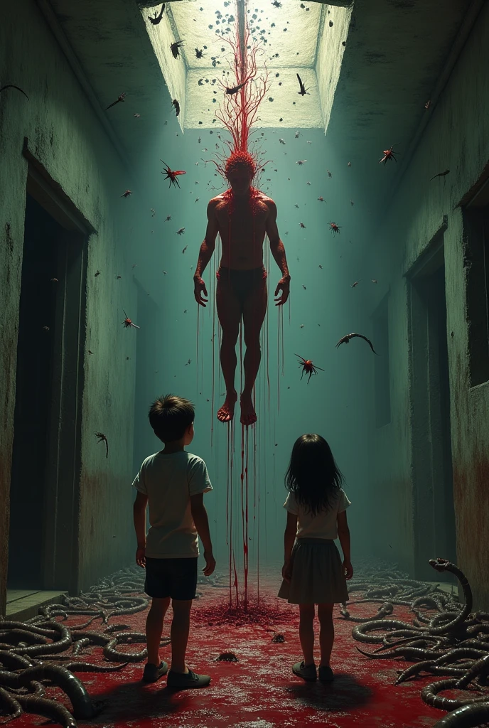  A boy and a girl enter the room and it's full of worms and flies with a man hanging from the ceiling spilling blood.