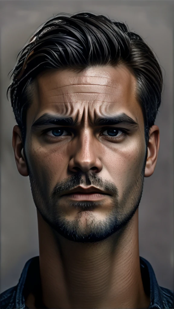 A close-up image of a serious-faced man, focusing solely on his face. The man should have short, rugged hair blending Viking and gladiator styles, and classical Greek features with a laurel wreath. His expression should be intense and contemplative, conveying strength and determination. Surrounding his face, dramatic thunderstorms and flashes of lightning should create a powerful and dynamic atmosphere. The background should be a stormy sky in deep blues and grays, with the lightning adding striking contrast to his serious expression