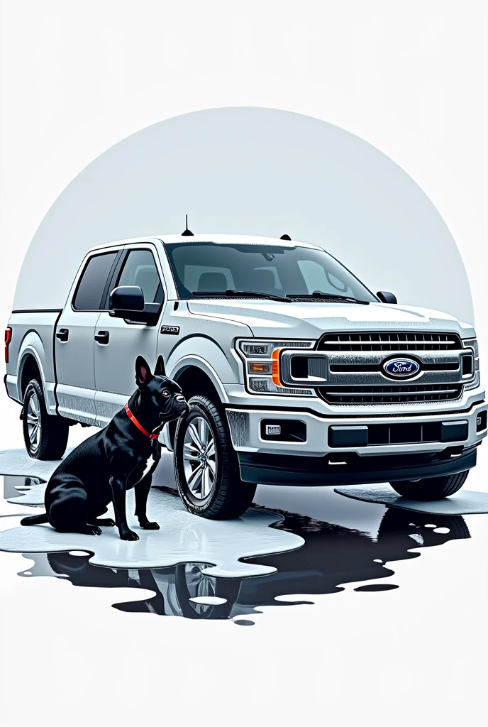 Create a formal logo for a car wash, using a 2020 Ford F-150 model car with foam and water, and a black French bulldog sitting beside the car