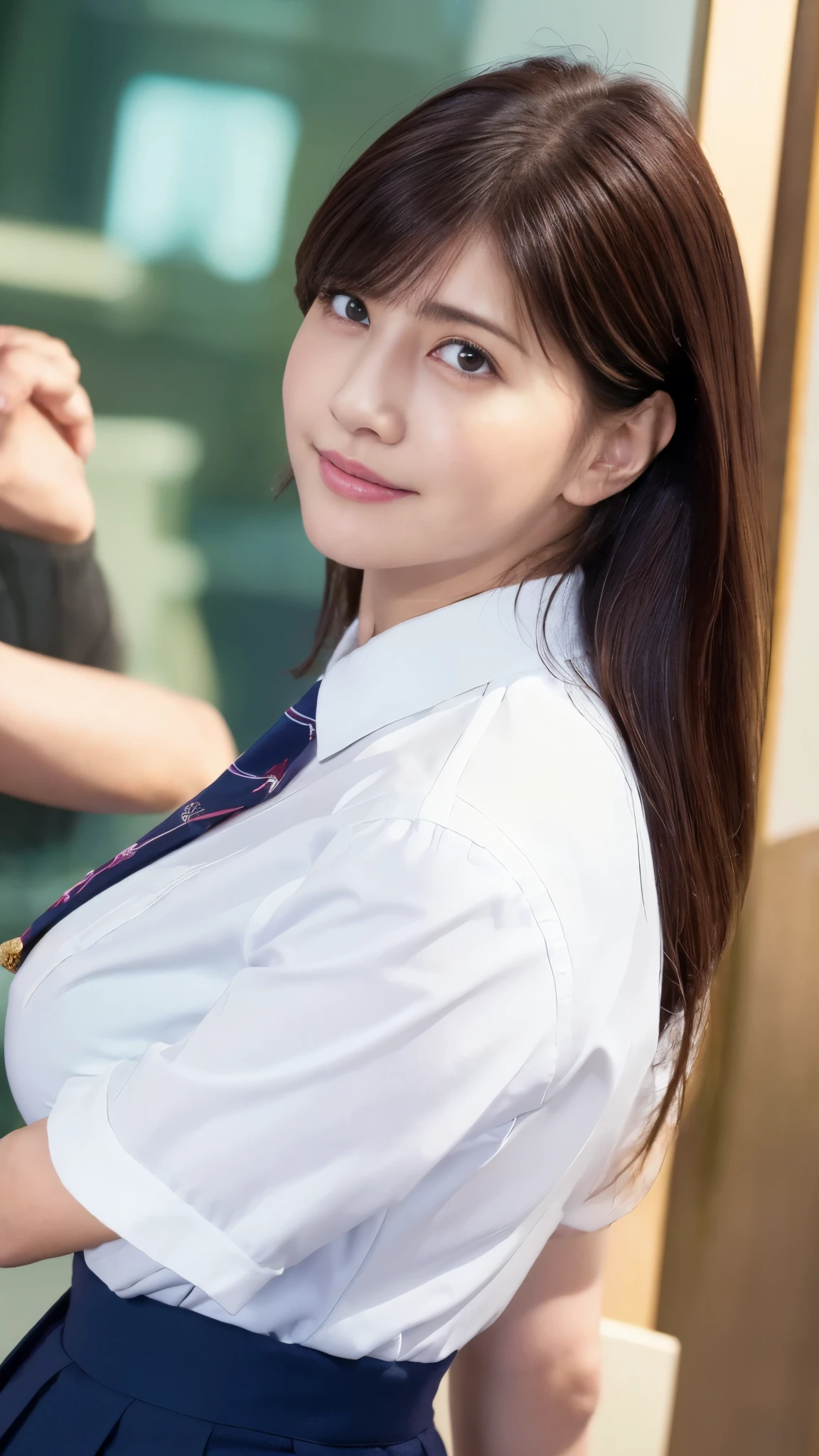 (8k,Ultra-high resolution,Highest quality,masterpiece,Realistic,Ultra-high resolution,High-quality RAW color photos,Professional photos,Realistic,Realistic),Natural skin texture,Fine skin,Hyperrealism,Intricate details,Adult women,Eye highlights.Lip gloss,Glossy Lips,(Cute smile,One Length Hair,Dark blonde hair,bangs),(gigantic breast,Big Breasts),(Schoolgirl uniform,(White Cutter Shirt),Navy Pleated Mini Skirt,tie,See-through bra),Urban area,((face focus,looking down))