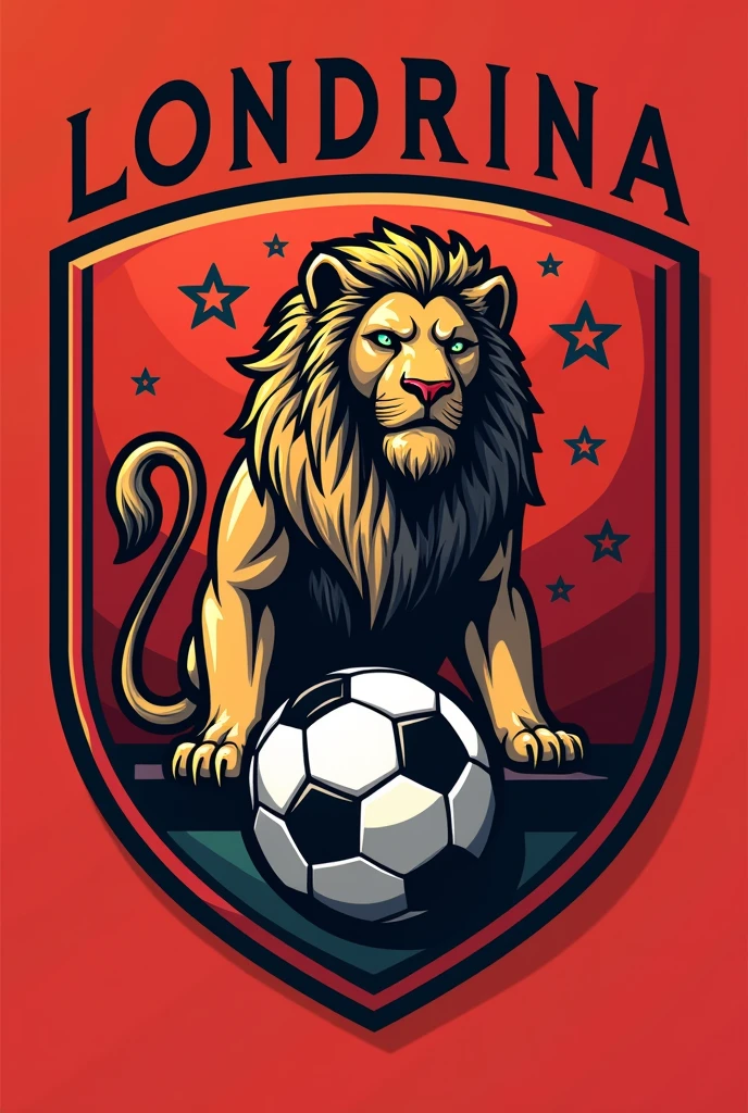 Create a soccer team shield with the Lion of Judah, add a soccer ball, add red color with stars of the city of Londrina, Paraná. Add the name Londrina City to the logo.