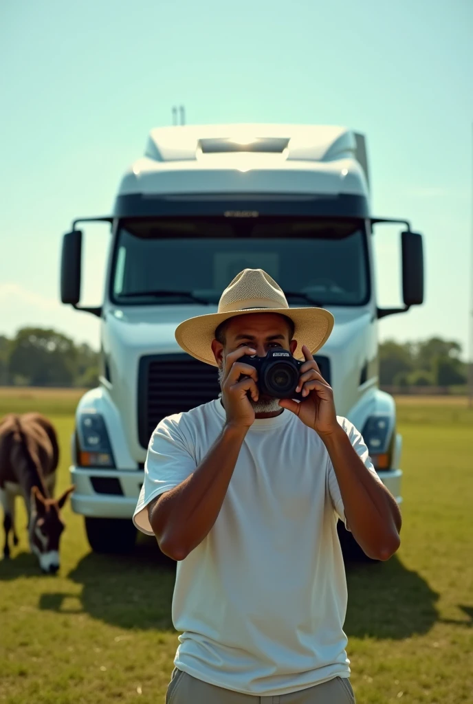 A white man from Ceará wearing a hat taking a selfie, behind him a Volvo 2024 truck, and on the side a donkey eating grass