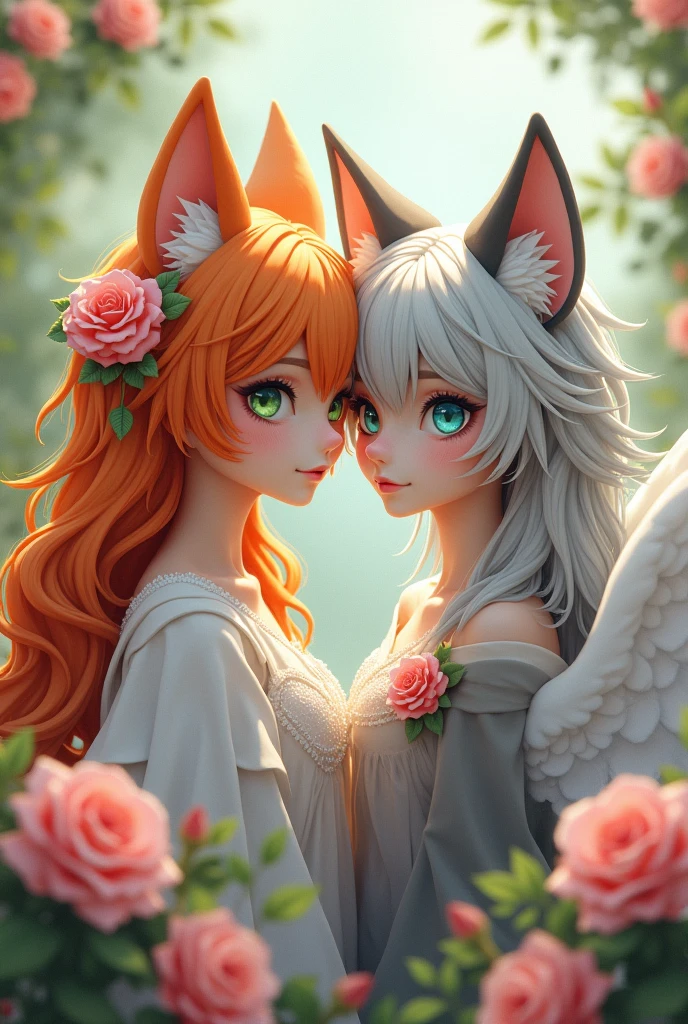 A person with fox ears and a fox tail, with orange hair, green eyes, with white wings and a rose in their hair und ein Mensch mit Wolfohren und Wolfschwanz, with gray-white hair, blue eyes, with white wings and a rose in their hair, the Demis look very human and rose bushes are in the background