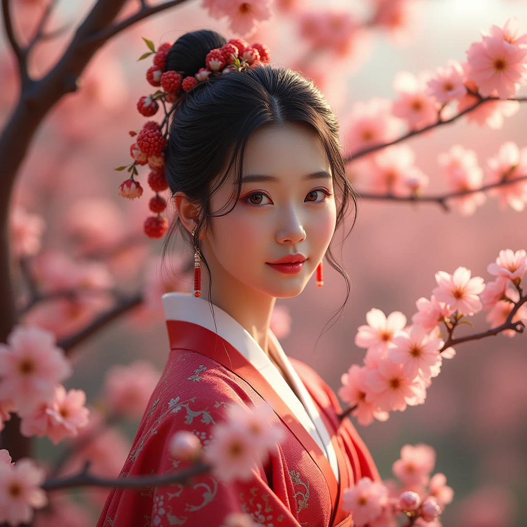 hyper realistic, lifelike texture, dramatic lighting, (best quality:1.1), partially immersed in flower, (hanbok, korean clothes:1.4), depth of field, lifelike, colorful flower bed in the background, falling sakura blossoms, depth of field, beauty512, irene1,