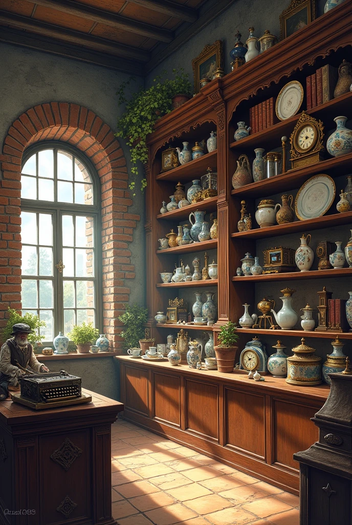 Drawing of an antique shop with shelves and antique objects 