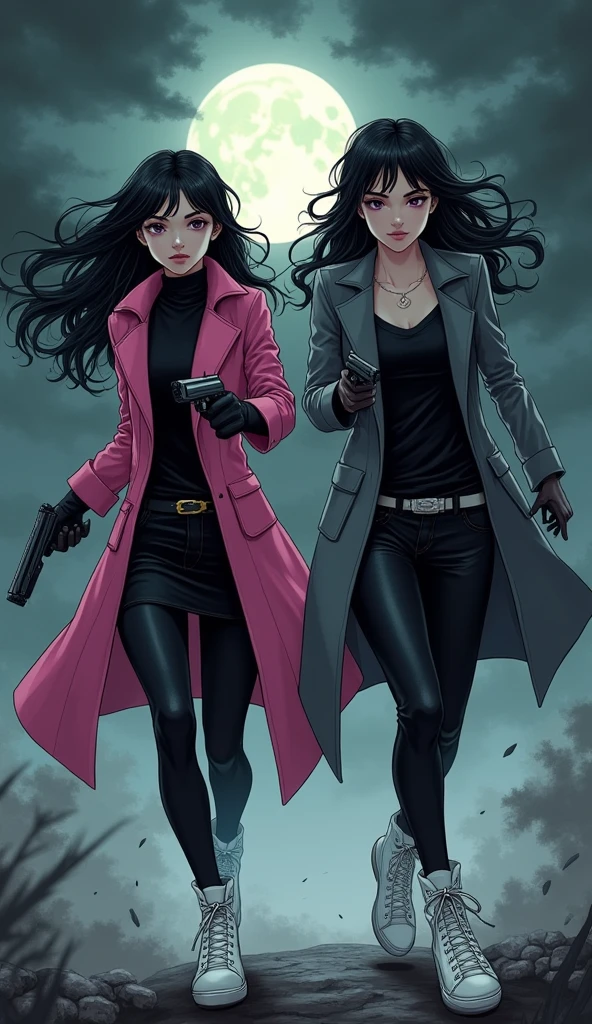(Two young womens, long black hairs, yuri, Vampire Hunters

The first young women black eyes wear a pink long coat, black shirt, black pencil skirt, black underpants, black tights, black gloves, white sneakers high top.

The second young women black eyes wore a grey long coat, black shirt, black pencil skirt, black underpants, black tights, black gloves, white sneakers high top.

holding a pistol handguns, running, black grey sky, fantastic night sky, moon, cartoon novel, 4K, HD